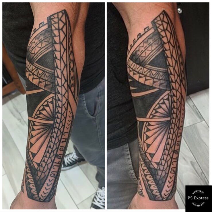 A picture of a black-and-white arm tattoo