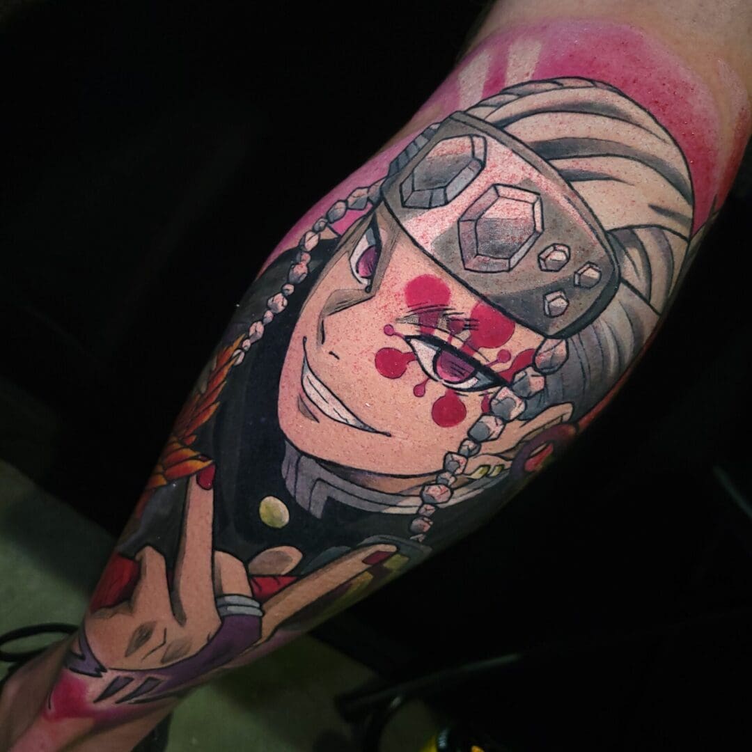 A tattoo of a man with glasses and a clown nose.