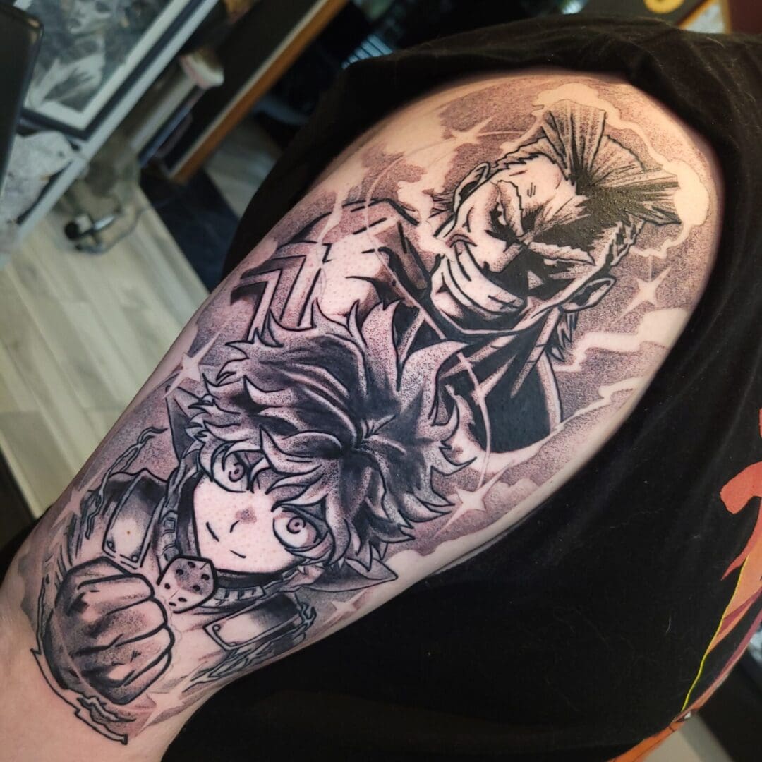 A tattoo of two people holding guns and one is wearing a joker mask.
