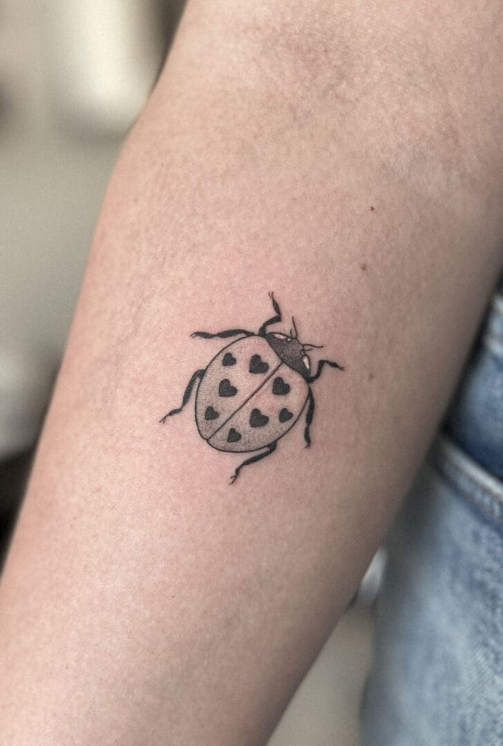 A lady bug tattoo on the arm of someone.