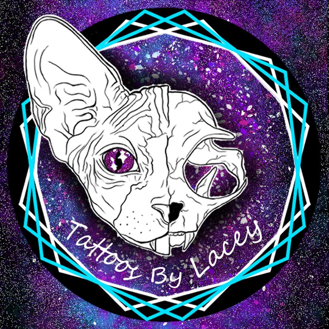 A cat with purple eyes and a skull in the center.